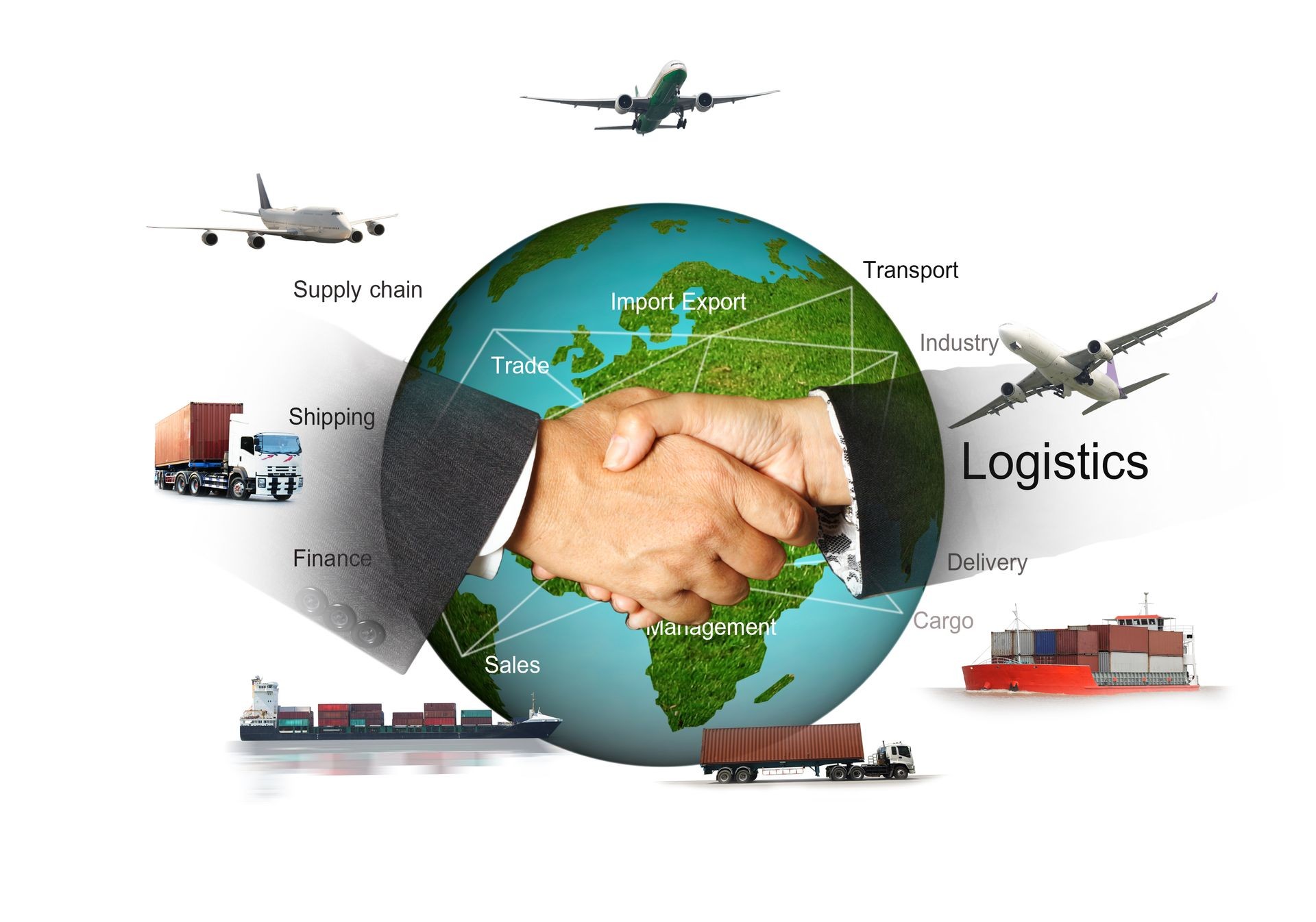 Abstract image of the world logistics, there are world map background and container truck, ship in port , airplane and hand shake for business success